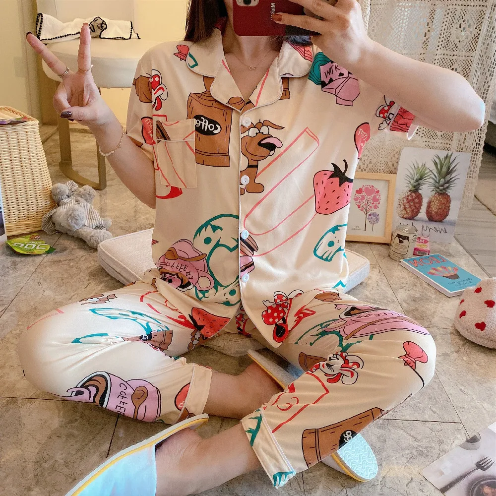 Костюм женский с коротким рукавом, Свободная Домашняя одежда с мультяшным принтом, пуловер для отдыха, пижама с мультяшным рисунком, одежда для сна, весна-осень