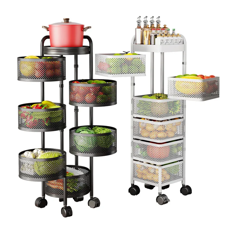 Mobile Cart with Wheels Ventilated Basket Kitchen Metal Storage Rack Carbon Steel Detachable Trolley Rotatable Food Container
