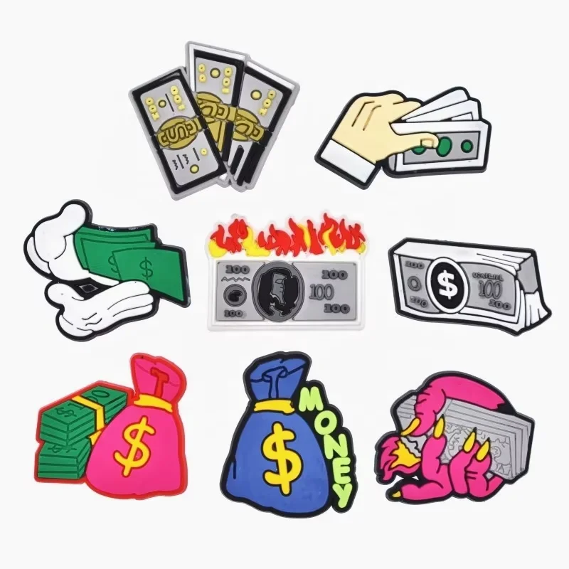 XH English Phrases PVC Shoe Charms Resin Dollar Money Letter Shoe Floral Chains Bottom Rivet Button Buckle Shoe Accessories
