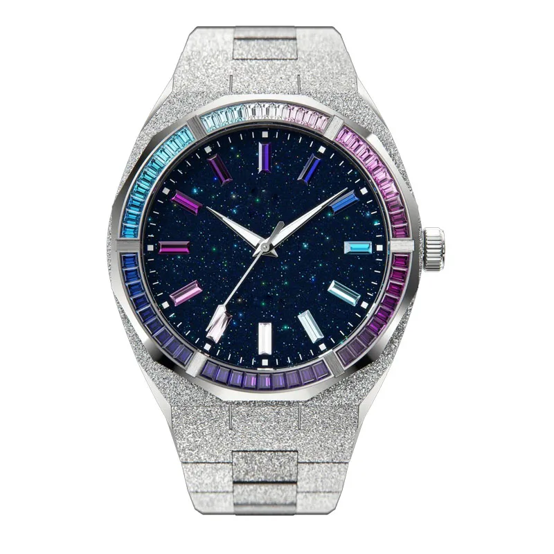 Custom logo Limited 5ATM Waterproof Black Hand-Set Crystal Bezel Frosted Star Dust Men Quartz Watch