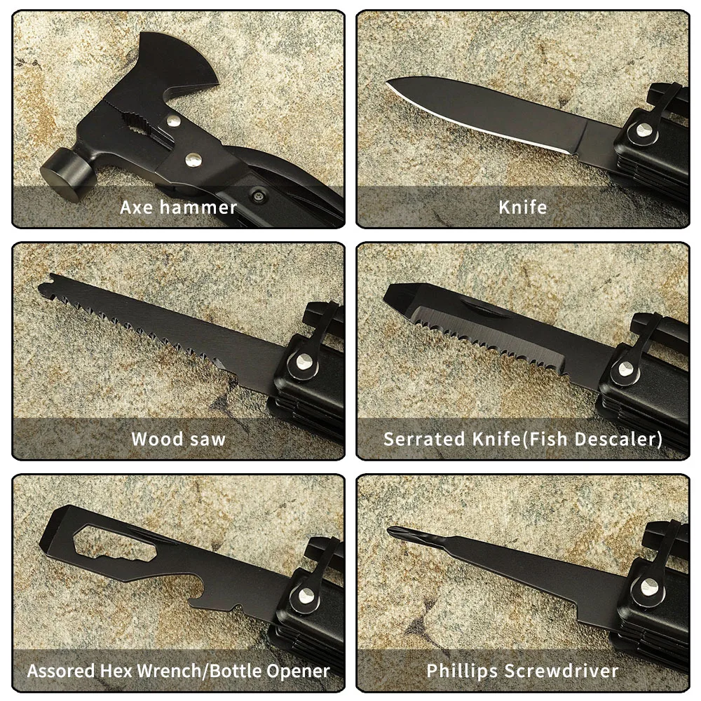 Multi Axe Tool 18 in 1 Camping multitool Survival emergency hammer with axe for  Hiking Outdoor Household Black