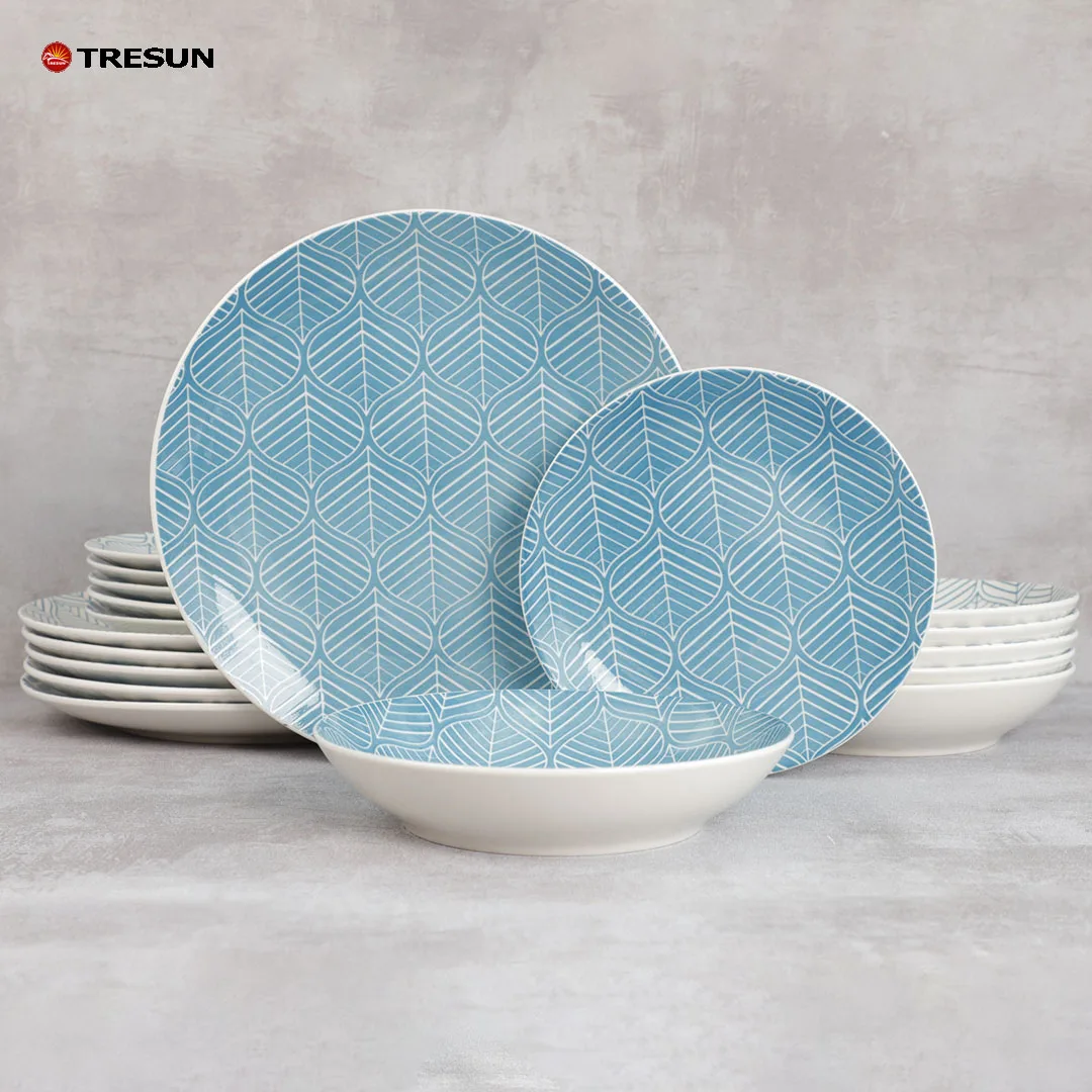 factory price modern nordic western blue ceramic gift box 18 piece pcs porcelain dinnerware dinner set service for 6 people