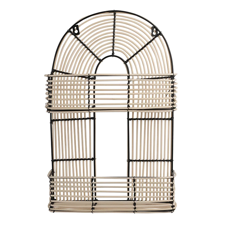 K&B wholesale Metal frame and rattan wall hanging storage shelf for home decor