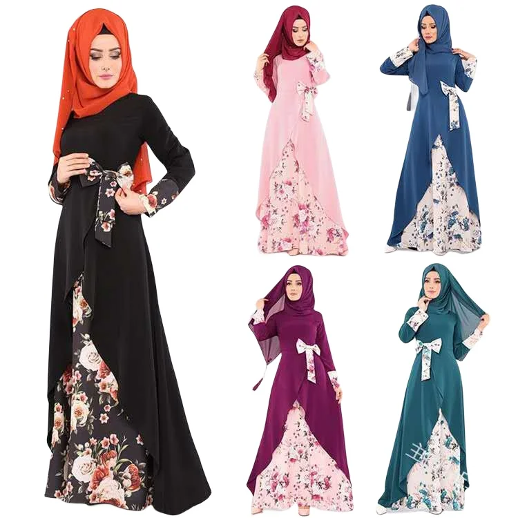Floral print patchwork four seasons long skirt Middle Eastern dress robe for women Muslim Islamic India Indonesia robe