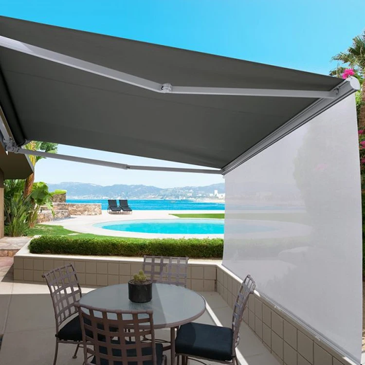 220V Electric Retractable Sunshade Canopy Aluminum Alloy Deck Awning with Side Wall Railing Acrylic Sail Material Big Awning