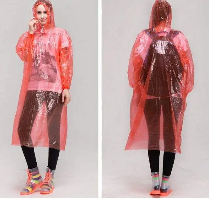 Custom LOGO PE plastic transparent pocket clear disposable & reusable raincoats waterproof rain wear coat poncho for men adults