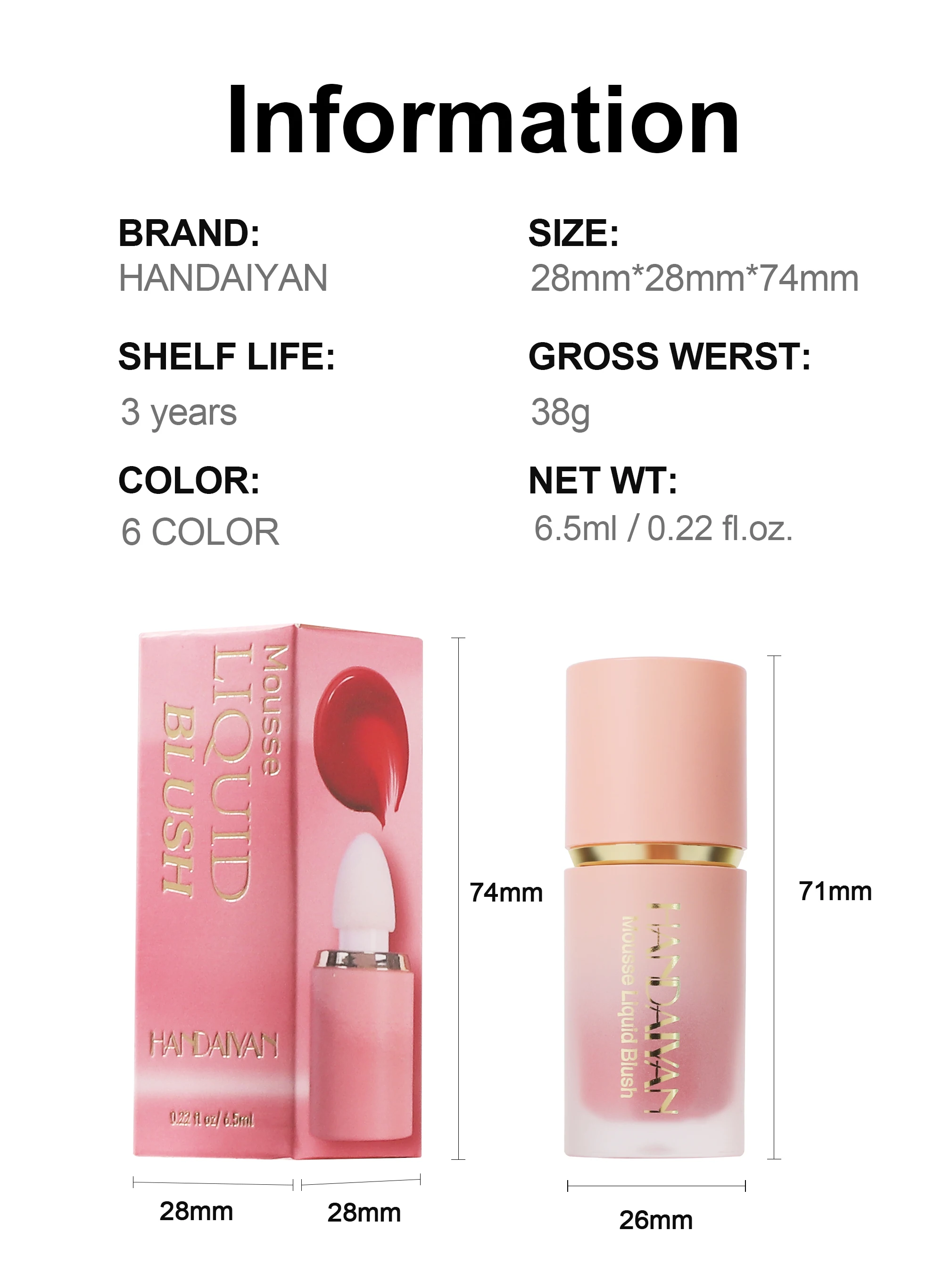 HANDAIYAN Wholesale 6 Colors Natural Matte High Pigment Liquid Blush Long-Lasting Cheek Blusher Cosmetic Face Makeup