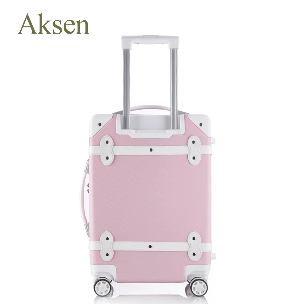 Classic Vintage Carry-on Trolley Suitcases Genuine PU Leather Pink TSA Lock Retro Trunk Trolley Luggage