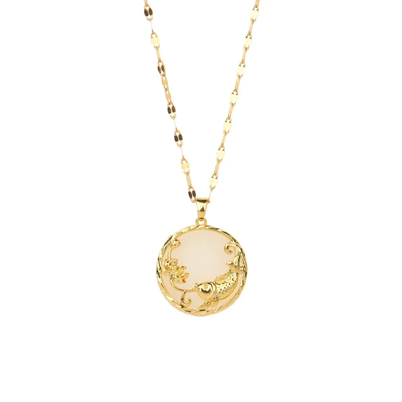 NUORO Fashion 18K Gold Plated Stainless Steel Chain Necklace Chinese Style Jewelry Round Green White Gemstone Jade Necklace