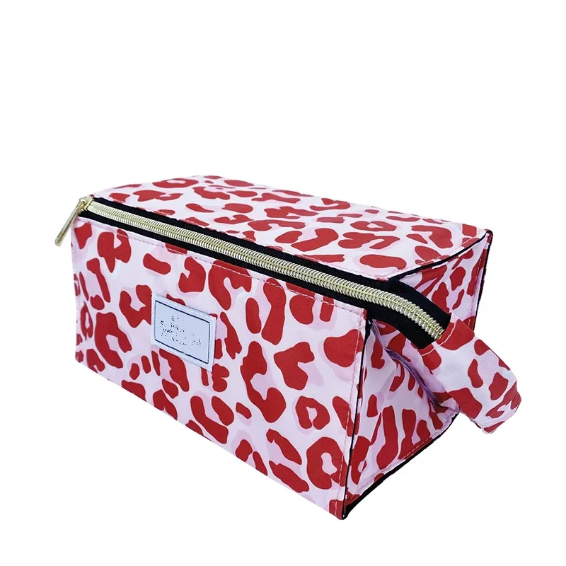 Waterproof Lightweight Cosmetic Tray Nylon Pink Leopard Open Flat Makeup Box for Ladies,Girls and Women