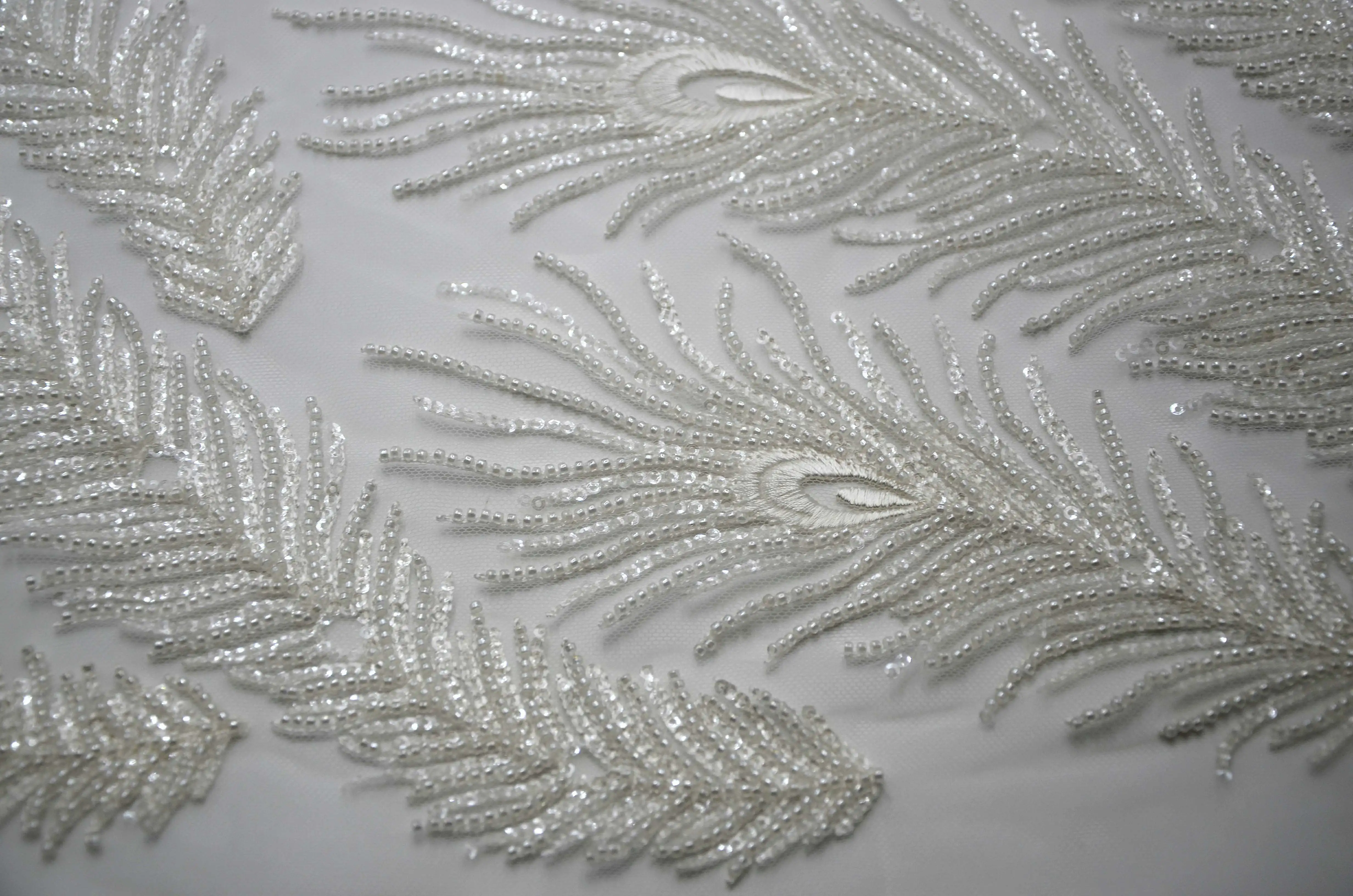 3D Lace fabric Peacock feather design High quality lace fabric with shiny sequin and bead