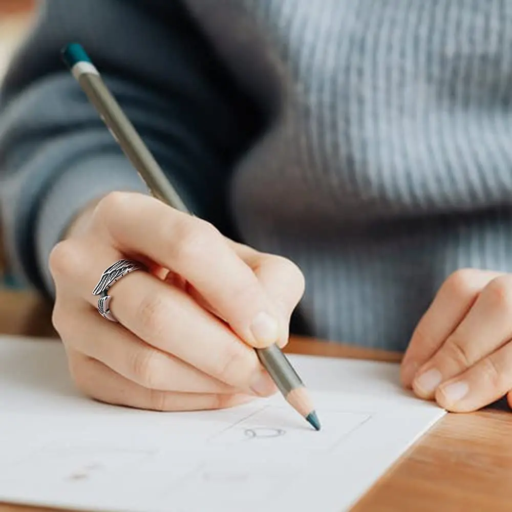 Antique Stainless Steel Ring Feather Angel Wing Cast Black Silver Band