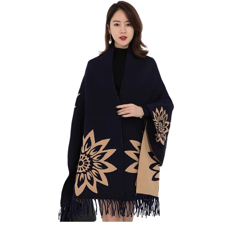 Best selling knitting keep warm long sleeve poncho cape shawl scarf for women shawls