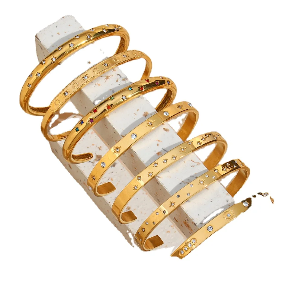 Europe and America Ins Fashion Simple Titanium Bracelet Stainless Steel Eight-Star Round Zircon Open Female