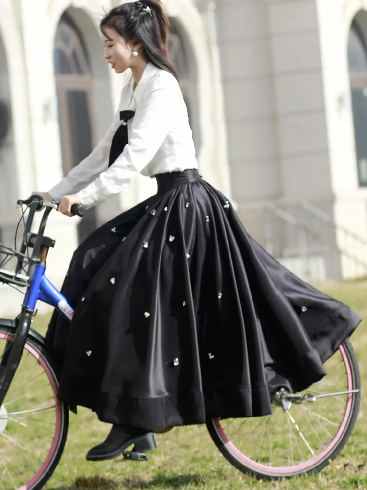 mid-length high waist pocket satin classic umbrella skirt slimming hand-stitched retro style Skirts
