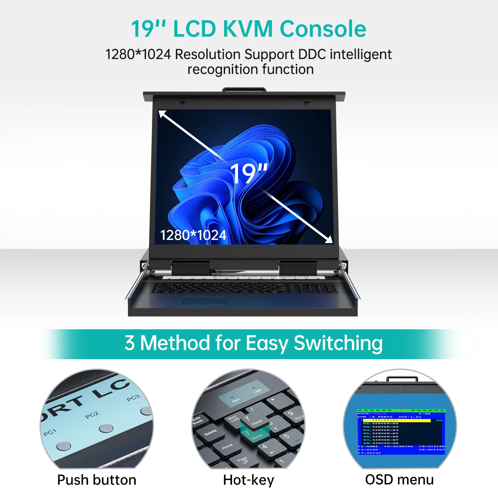 19 inch LCD KVM Switch 8 port VGA, MT-VIKI Rackmount KVM console 8x1 Drawer + 8 pack USB VGA Cables