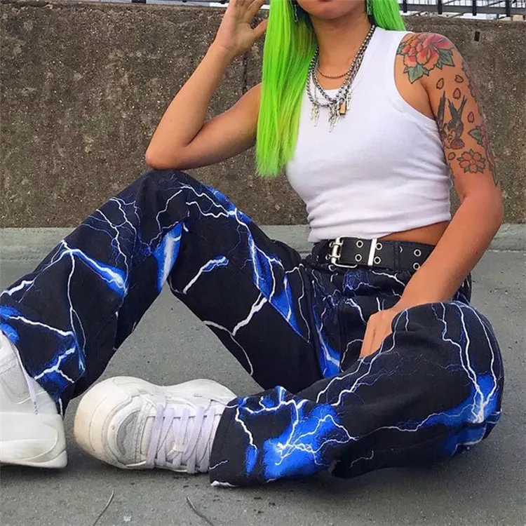 Best Fashionable Women Loose Track Pants Lightning Print Loose-fitting High-waisted Slacks Cargo Long Pants