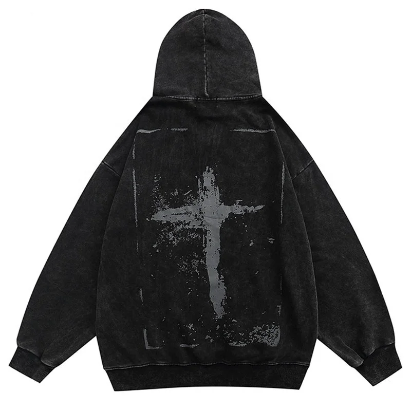 Vintage Hoodie Sweatshirt Hip Hop Cross Print Washed Hooded Streetwear Harajuku Casual Cotton Loose Punk Tops