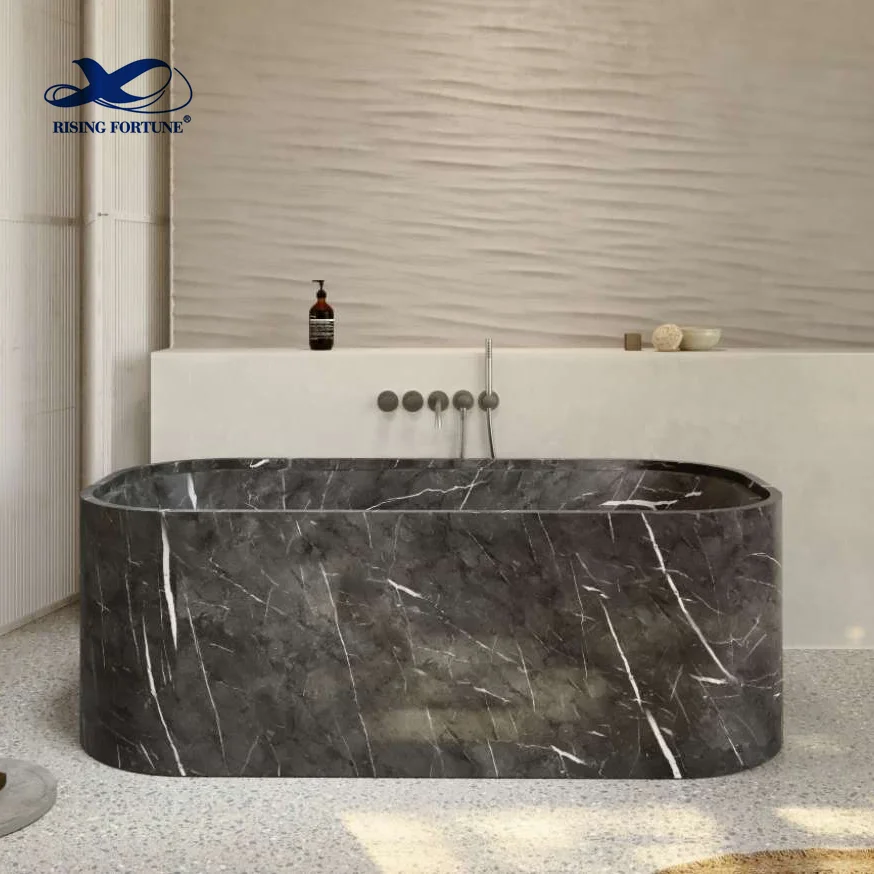 RF High Quality Large Size Customized Real Stone Black Marble Round Bathtub Floor Free Standing Bath Tub
