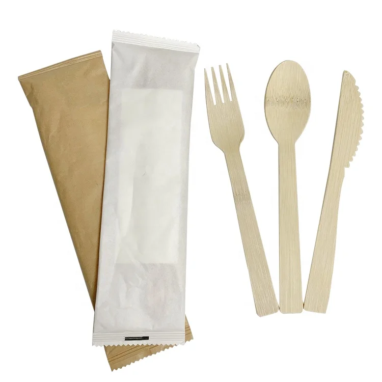High Quality Kraft Paper Wrap Disposable Spoon Fork Knife Bamboo Set Cutlery