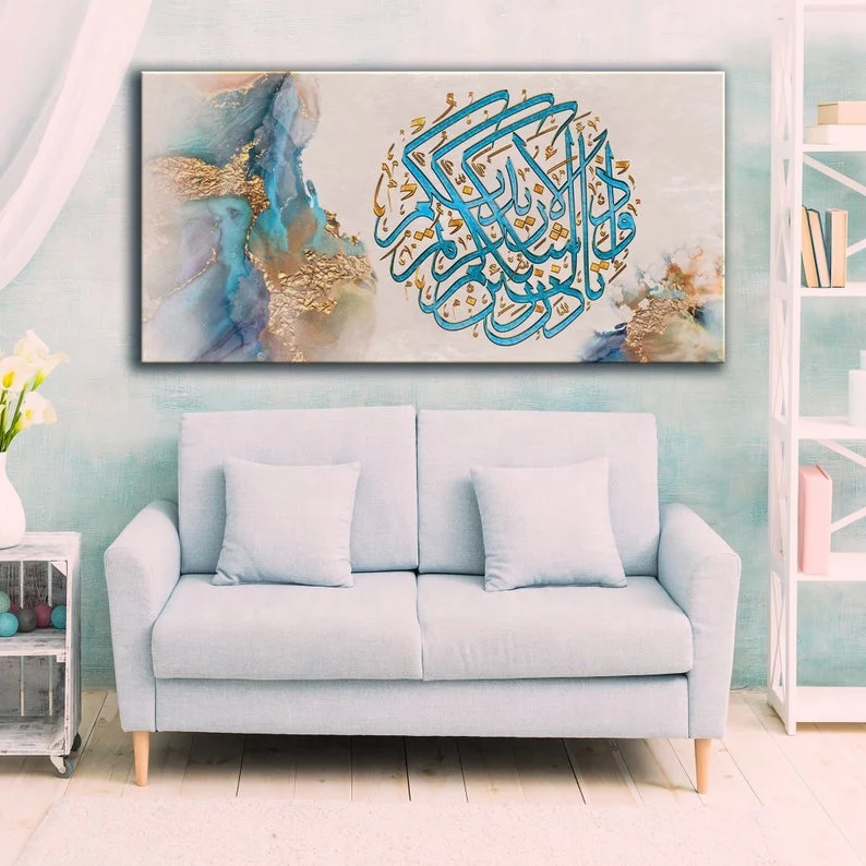 Customized  Hand Painted  Gold Foil and Blue Calligraphy Islamic Painting For Living Room  Hotel Wall Decor