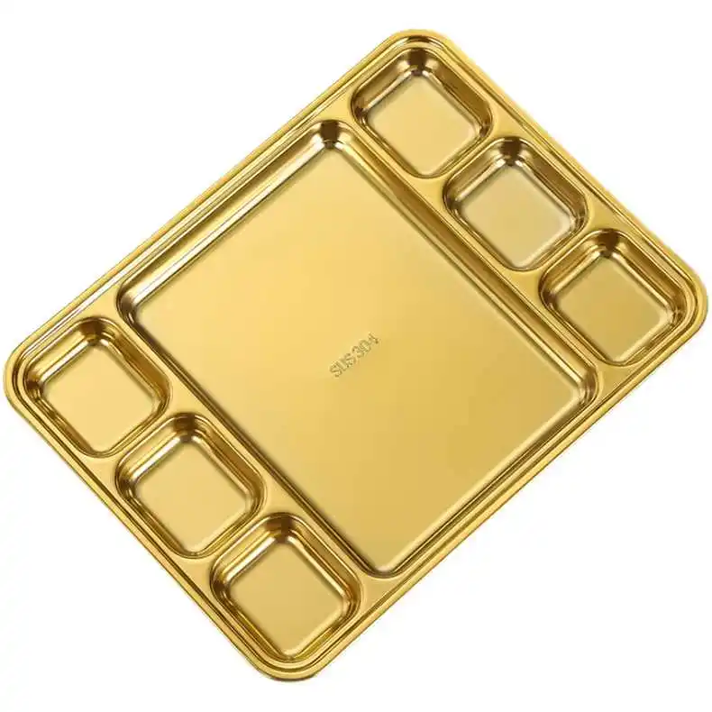 2023 Hot Sale New Design Food Grade Stainless Steel 304 Restaurant Multiple Compartments Gold Silver Plate BBQ Food Trays