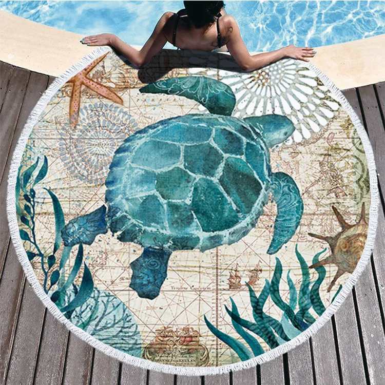 Fast Dry Sandy Free Picnic Yoga Mat Table Cloth Large Custom Printed Octopus Sea Turtle Round Beach Towel for Adults