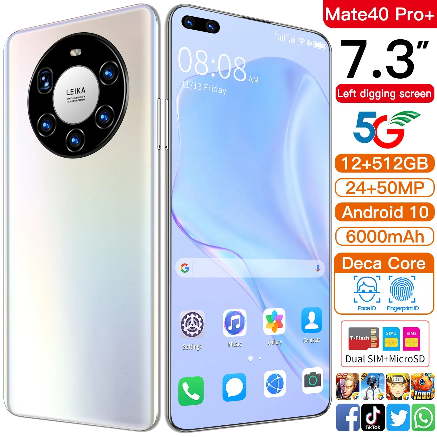 
Hot Selling Mate 40 Pro+ 12GB+512GB 7.3 Inch full Display Android 10.0 Mobile Cell Smart phone 