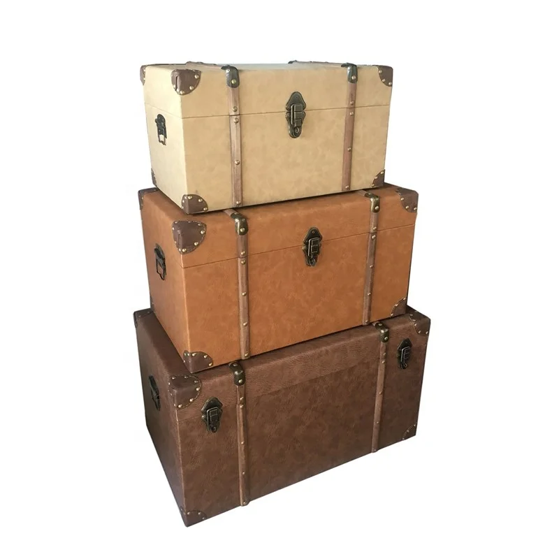 
Hot Selling Antique Rectangle Wooden Base Pu Set of 3 Storage Trunk 