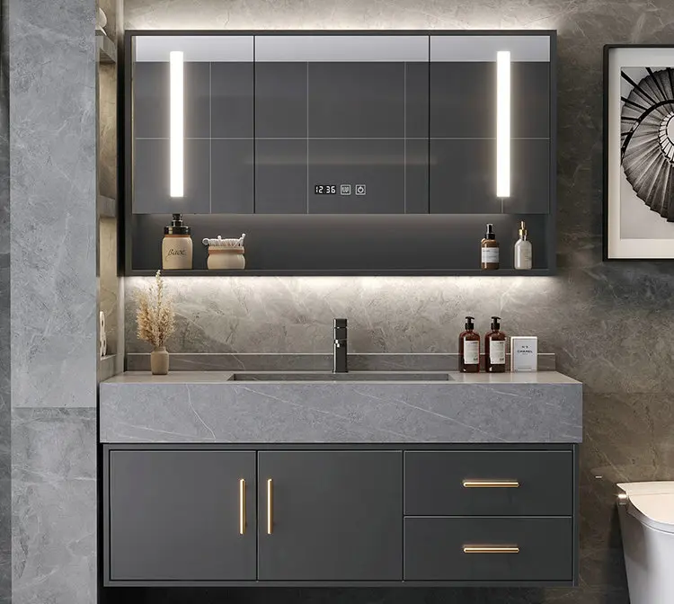 New Design Modern Nordic Bathroom Wall Mounted Vanity Cabinets With Sintered Stone Basin And Mirror Cabinet