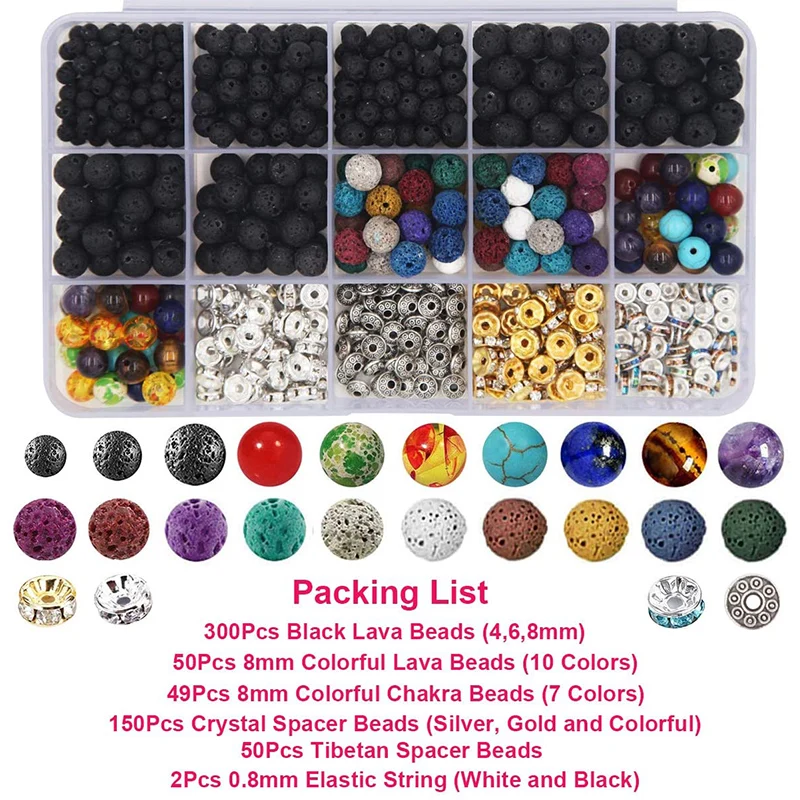  Color Lava Rock Beads Stone Chakra Spacer Kit with Volcanic Gemstone Crystal String for Essential Oils