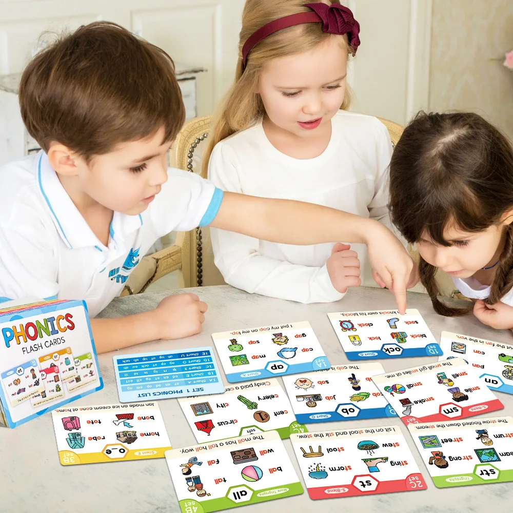 Kindergarten CVC Blends Long Vowel Sounds Learn to Spelling Reading Sight Words English Phonics Flash Cards