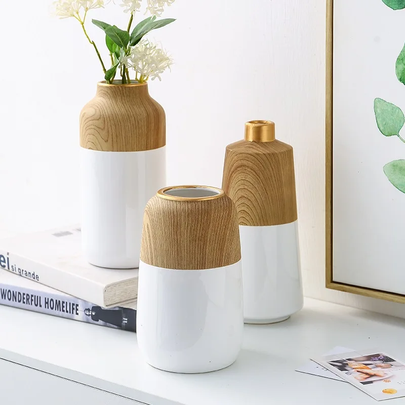Nordic minimalist living room ornaments modern wine cooler dried flowers decorative soft patchwork wood grain ceramic vase