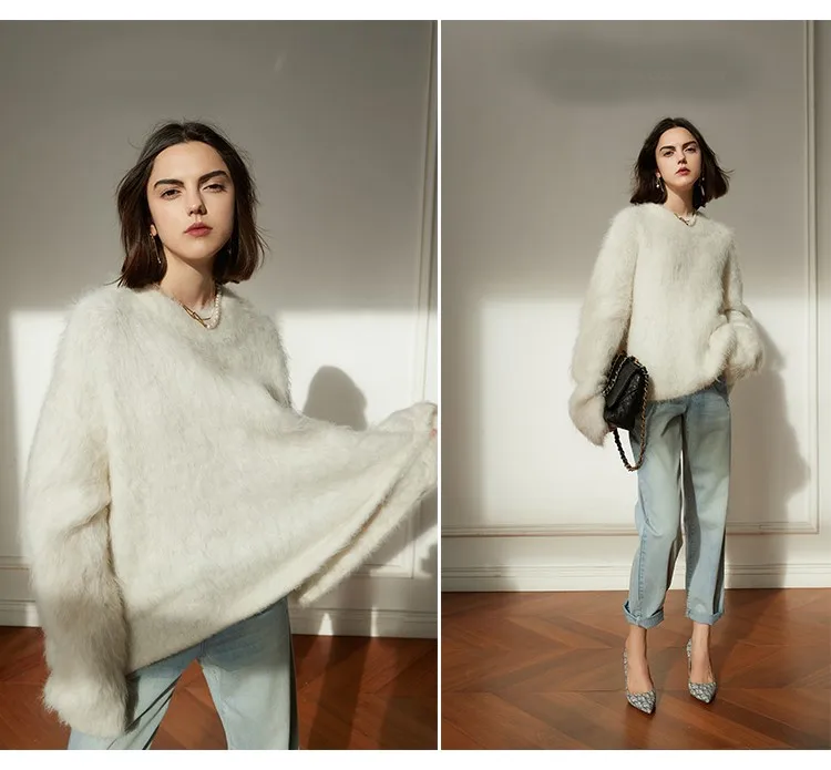 Kingsun OEM ODM custom design long sleeve cozy thick yellow alpaca wool oversized s fuzzy hairy sweater pullover for women