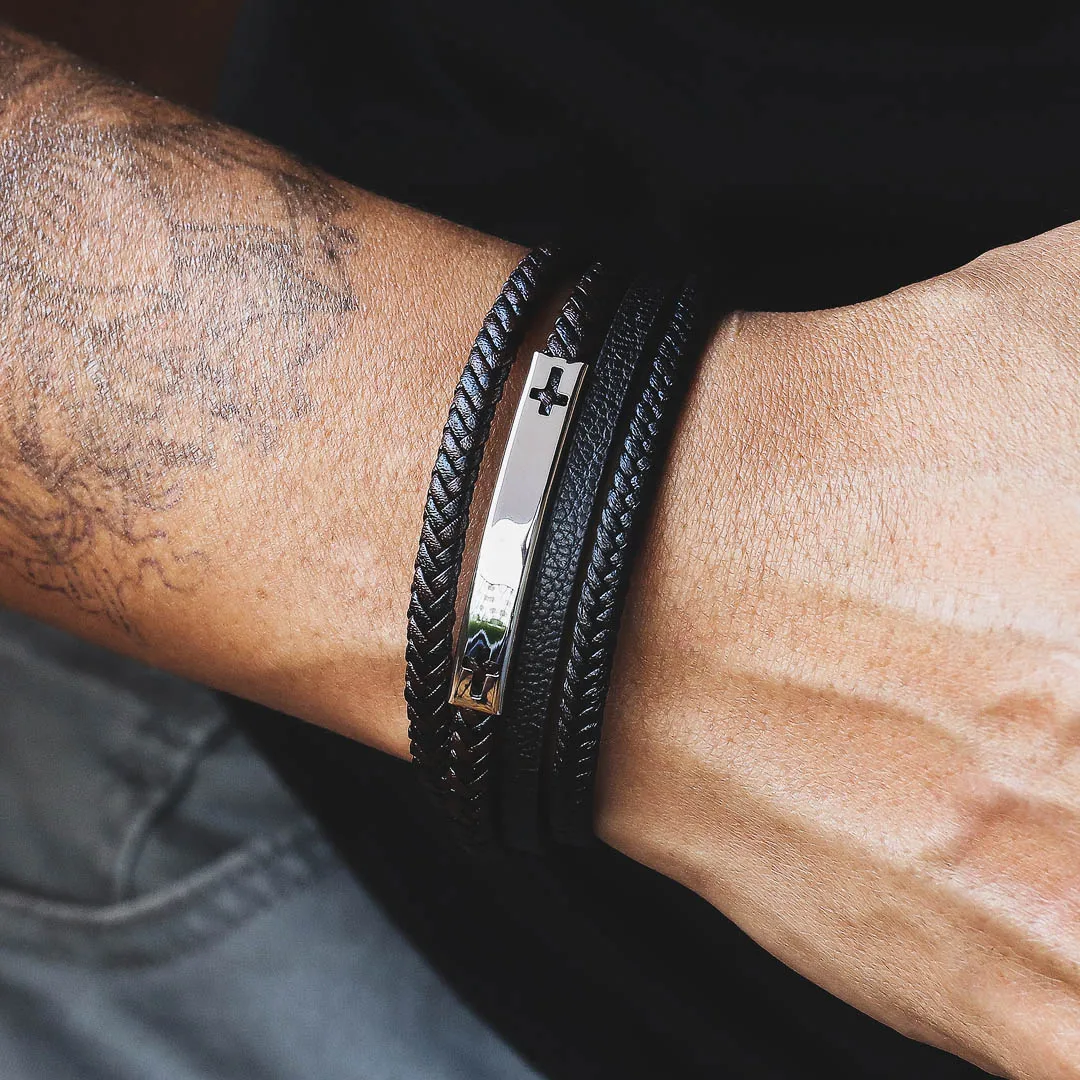 KRKC Factory Stainless Steel Engraved Name Fashion Leather Bracelet Handmade Men Accessories Adjustable Leather Bracelet Bangles