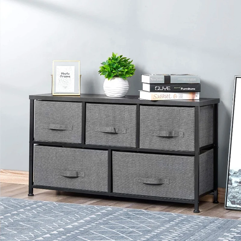 5-Drawers Dresser Organizer Storage Chest with Fabric Drawer Bedside Bedroom Vertical Nightstand