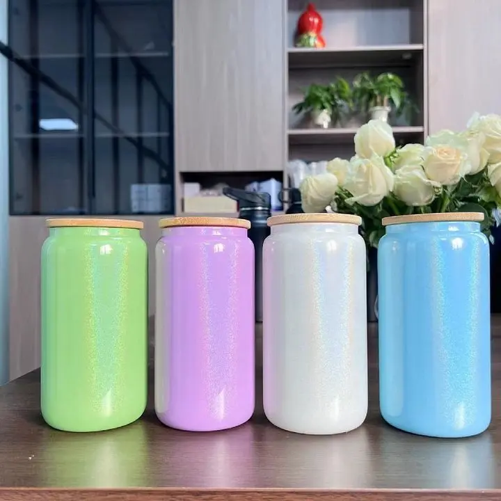 Burst 16oz holographic Shimmer glass jar High borosilicate high temperature glass Rainbow paint thermal sublimation straw glass