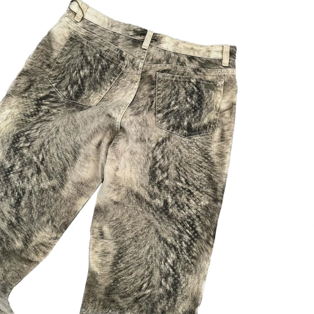 High Quality Straight Fit Animal Fur Camo Cargo Pants Multi-pocket Baggy Jeans Trousers Custom Wash Mens Pants