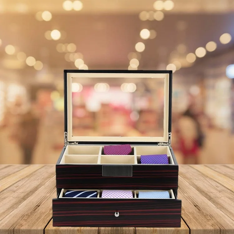 Hot Selling 2 Layer Storage case Tie Display Case Wooden Necktie Box with Drawer
