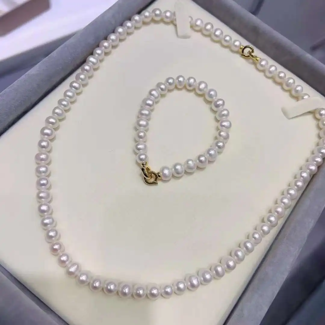 A 7-8mm High-quality Potato Shaped Pearl Necklace Bracelet Set Two in One Set Jewelry Gold Freshwater Pearl 765 Plated Trendy