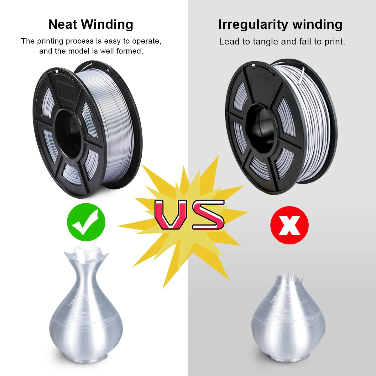 SUNLU Neat Winding 3D Filament Silk PLA For 3D Printer 1.75mm  3.0mm 1kg