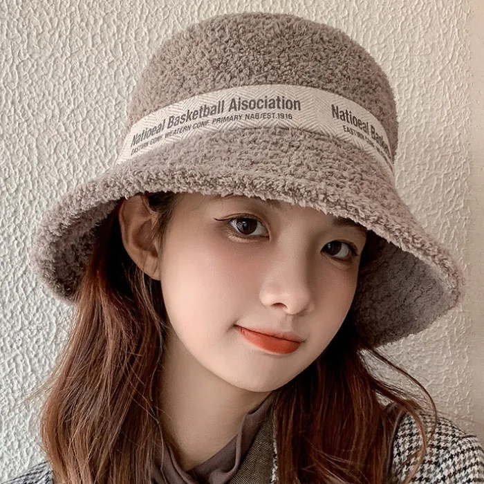 Fashion Popular Women Custom Logo Fishing Lamb Bucket hat Sherpa Fleece Bucket Hat Custom Sherpa  Bucket Hat