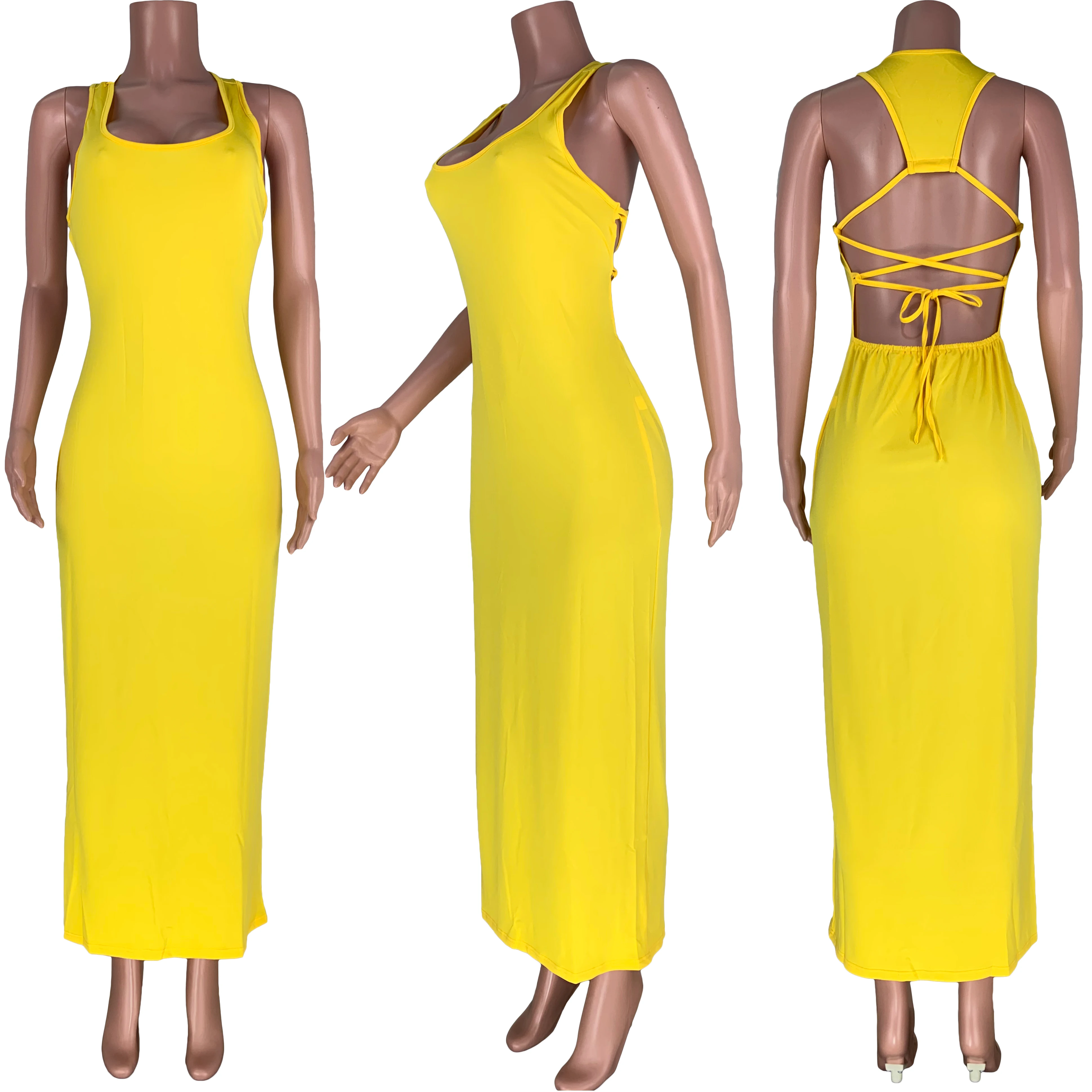 L51638 Summer Sleeveless Sundress Sexy Womens Long Maxi Dress Solid Color Casual Dresses Ankle-Length with Plain Dyed Technique