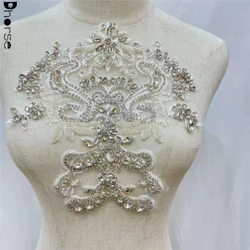 Wholesale crystal large bodice rhinestone applique,embroidery beaded lace applique for wedding dress