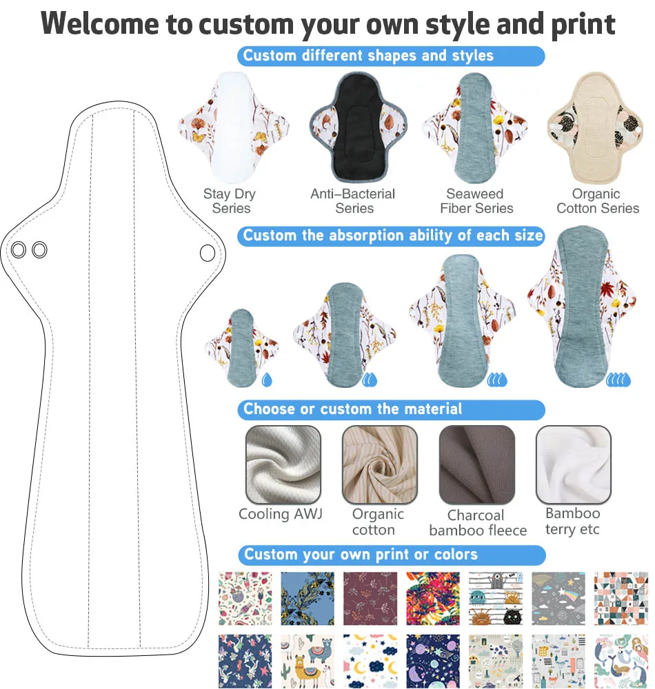 BES private label organic reusable menstrual cloth pads colorful microfiber towel cloth pad fabric oeko tex 100