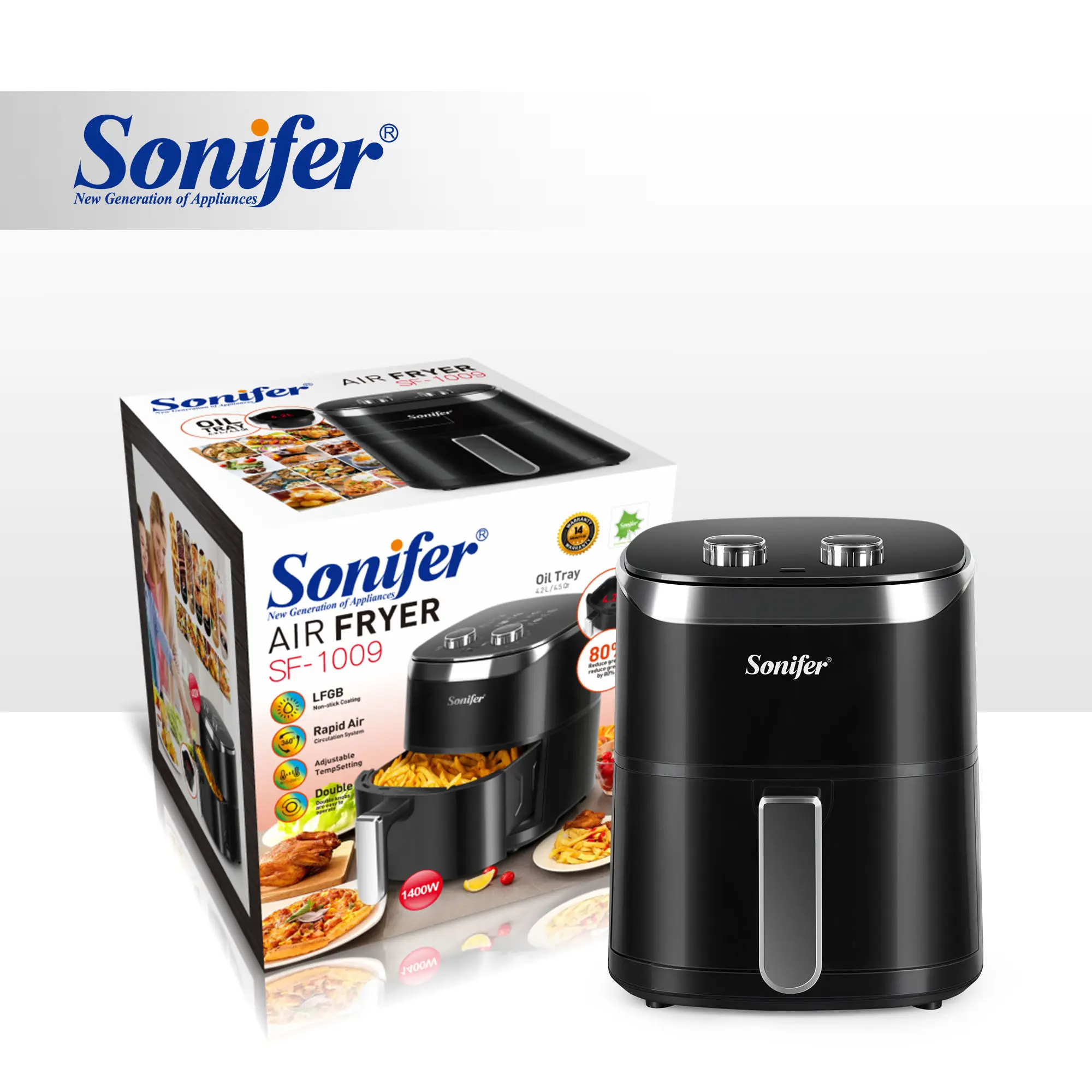 Sonifer SF-1009 adjustable temperature 1400W 4.2L household double knobs timer  Non-stick no oil electric air fryers