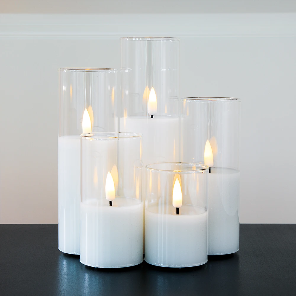 Set of 5 home decoration pillar white glass warm light remote flickering led candle