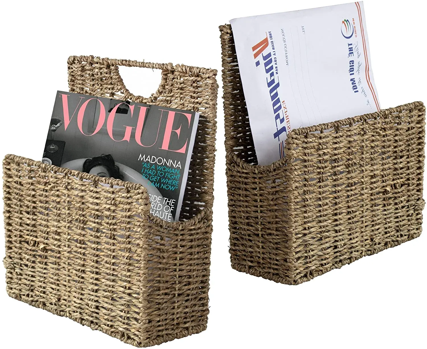 Rustic Woven Seagrass File Hanging Organizer Seagrass Wall Mount Wicker Magazine Holder and Mail Sorter Rack for Home and Office