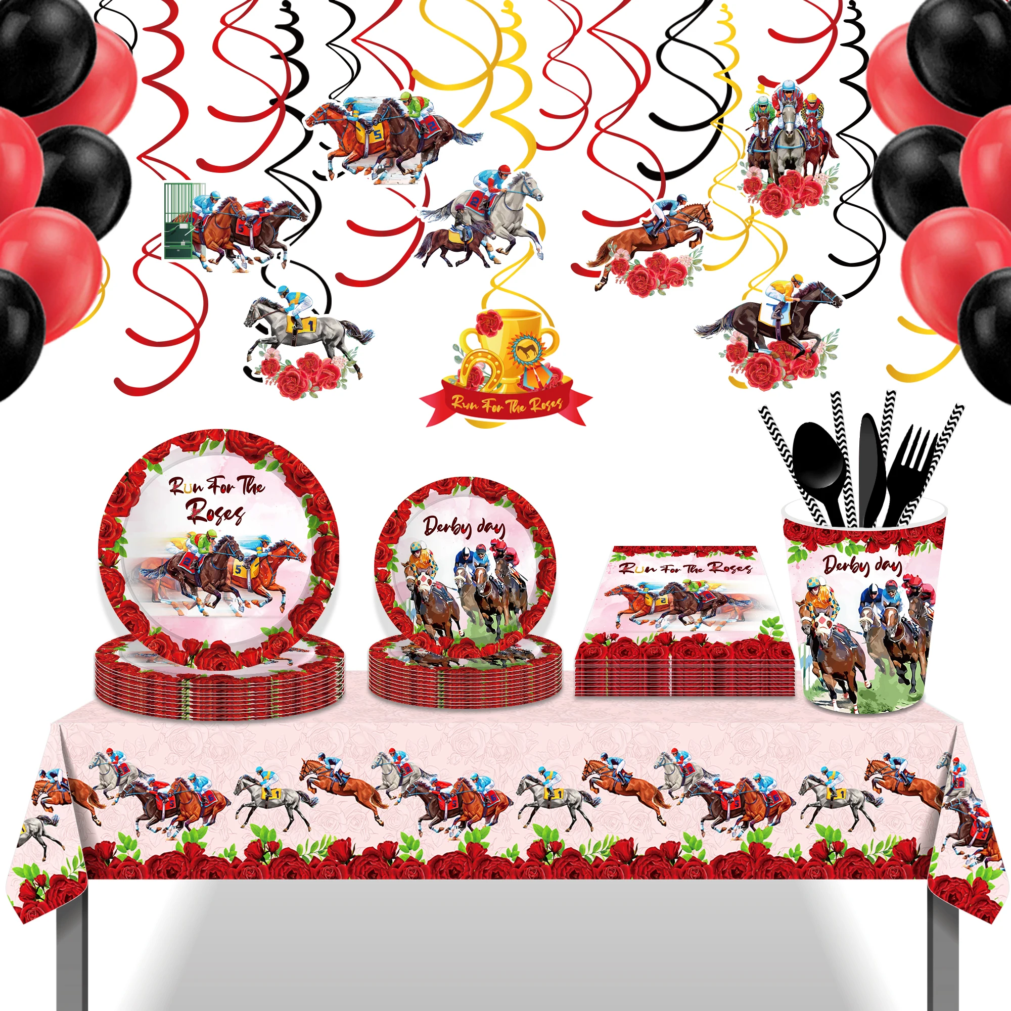 Huancai Derby Day Party Supplies Run For The Roses Paper Plates Cups Napkins Disposable Tableware Set for Horse Race Party Decor