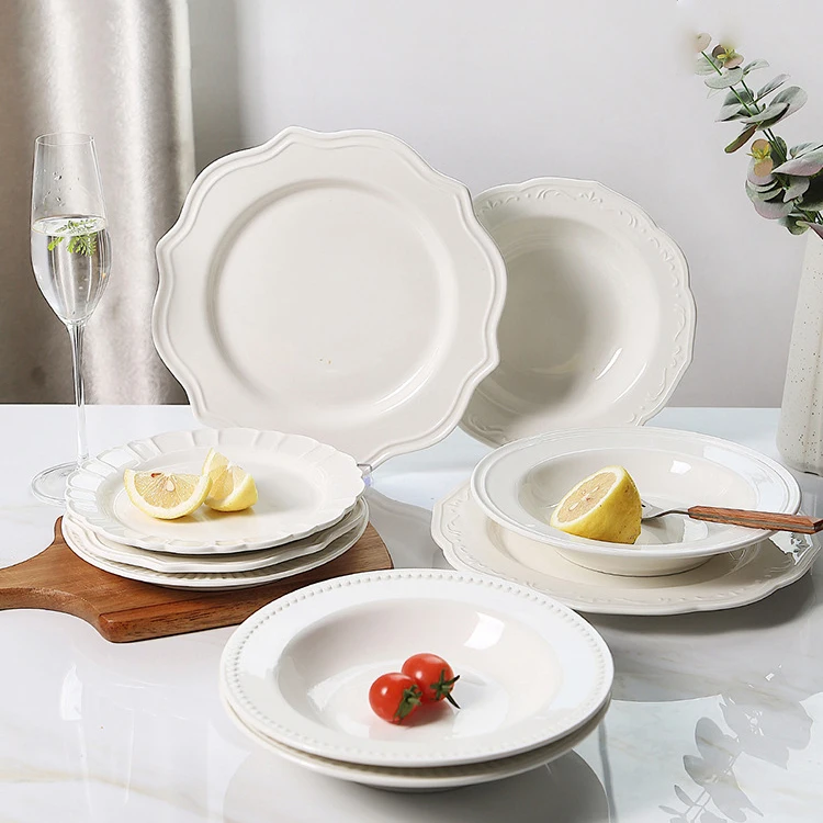 French Ceramic Embossed Tableware Plates Combination Tableware Household Full Set Creative Western Pasta Plate Soup Bowl